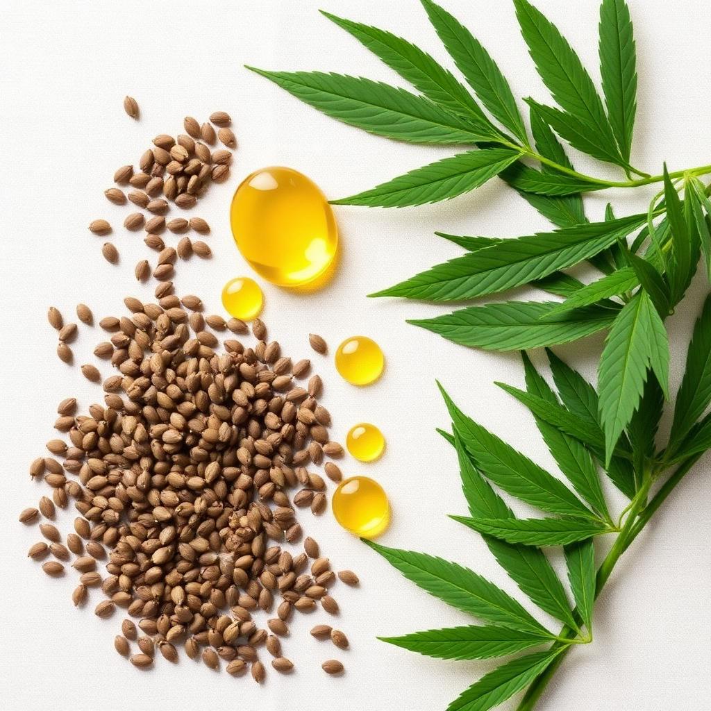 Organic hemp seeds, oil and leaves